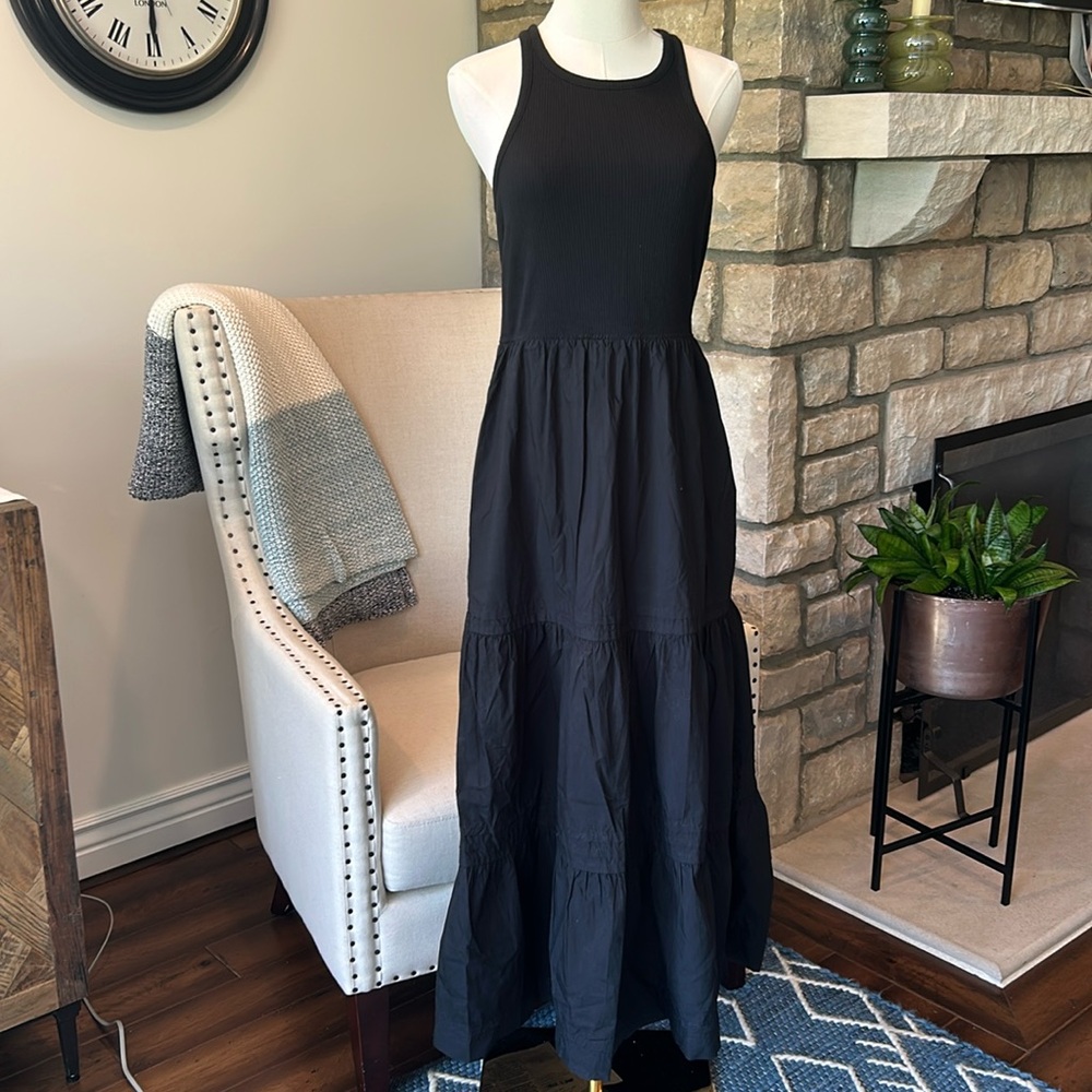 J Crew vintage rib high neck cutaway black tank dress w/poplin tiered skirt
